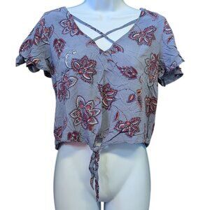 Mudd Women's Medium Blue Floral Paisley Crop Top Flutter Sleeve Tie Front V-Neck